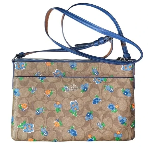 Coach Floral Signature Khaki Blue Canvas Leather Crossbody Swingpack Bag - Picture 1 of 7